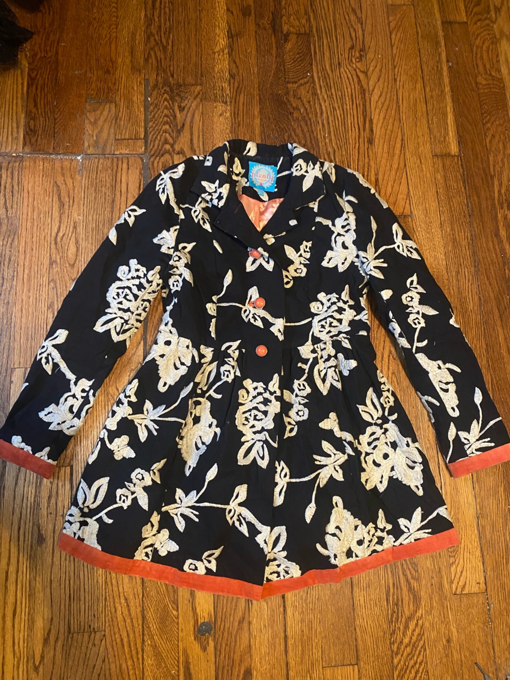 Plenty by Tracy Reese Black Floral Embroidered Trench Coat with Coral Trim